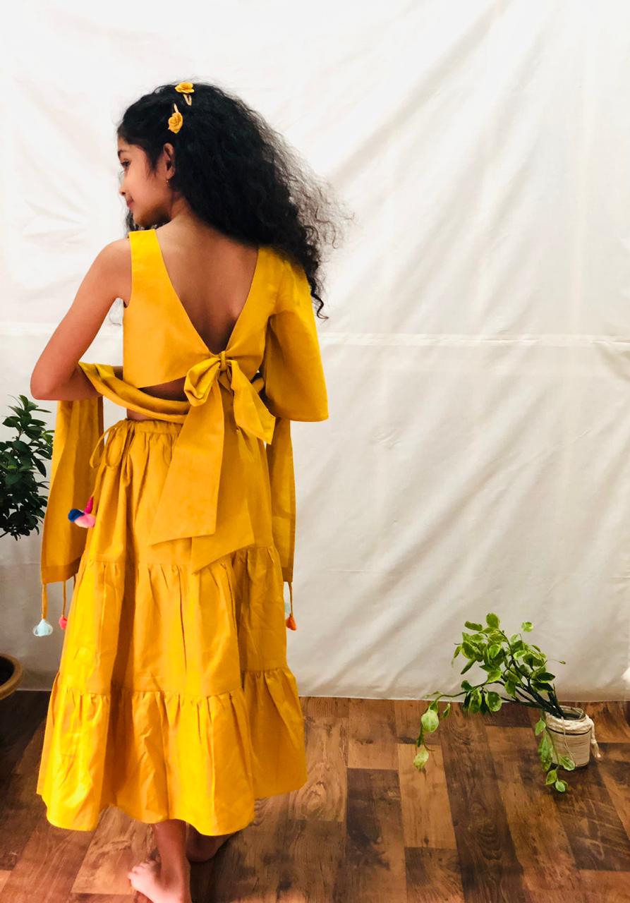 ArthLife Owl Embroidery Mustard Yellow Ghagara Dress