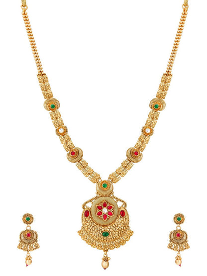 Aadita Gold-Polished & Red e Studded Jewellery Set