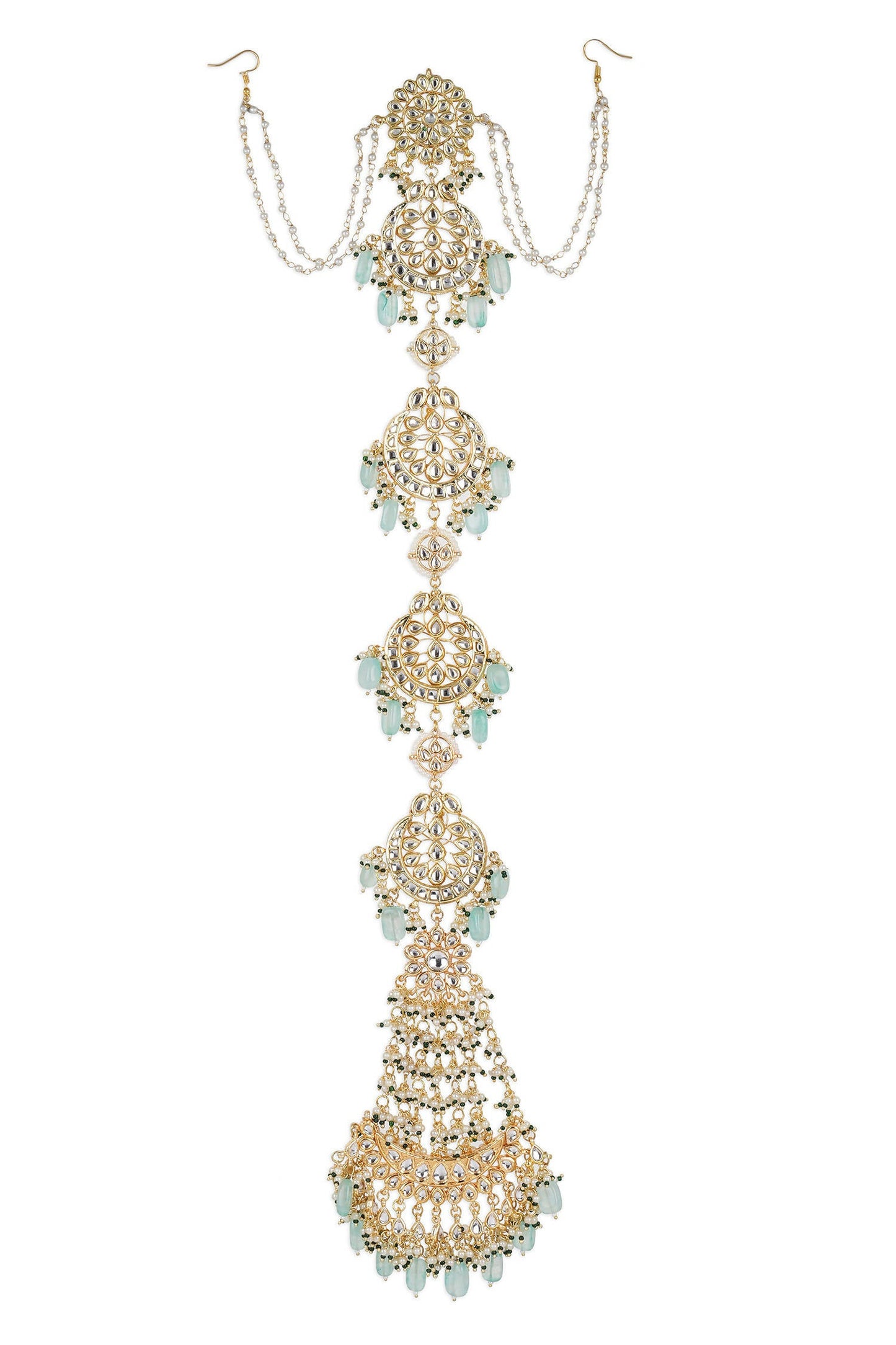 Gold-Polished White Blue Kundan-Studded Pearl Beaded Matha Patti - Ruby Raang