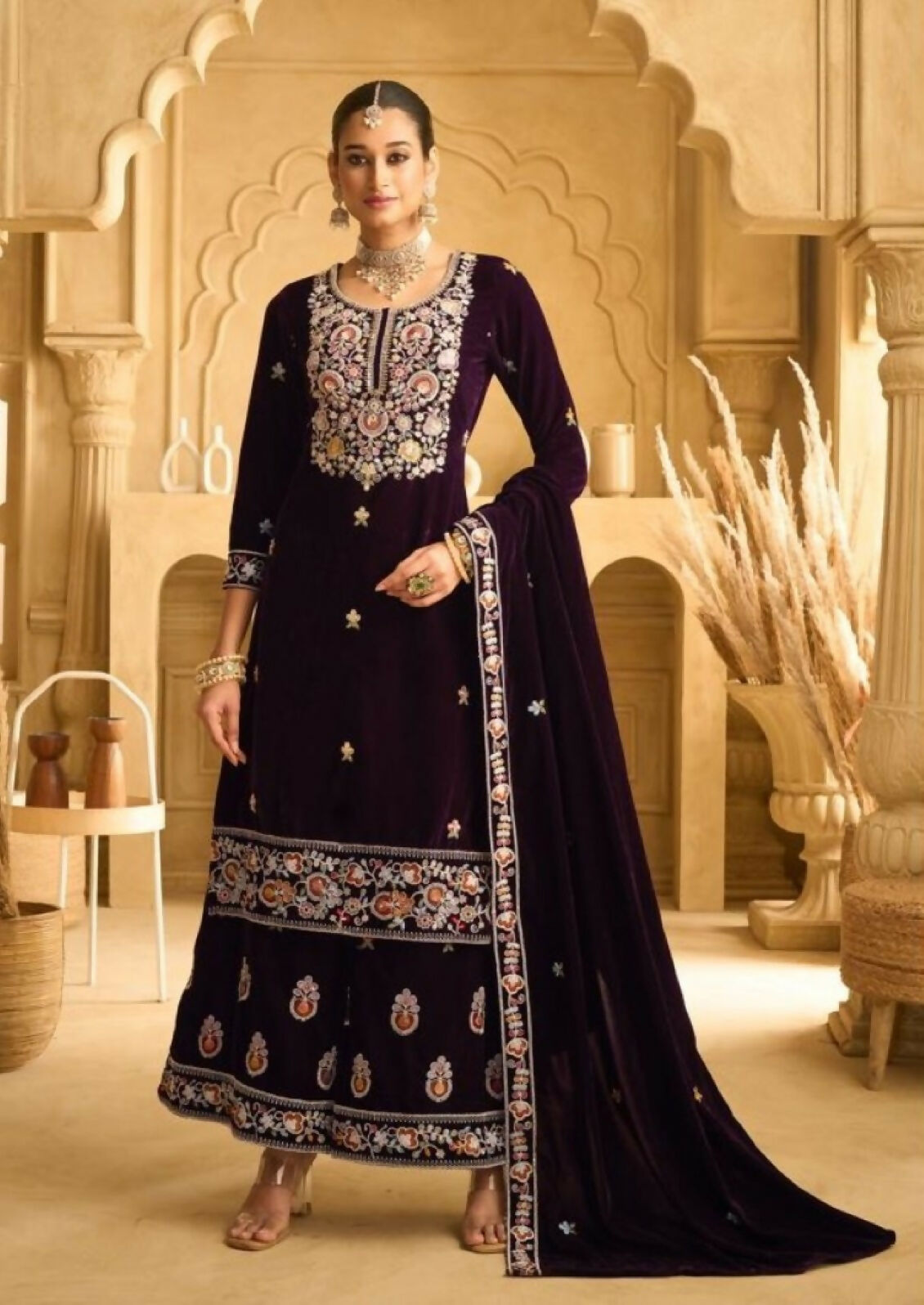 Anaita Dark Maroon Embroidered with Beads Velvet Stitched Plazo Suit