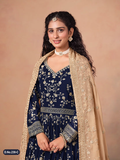 Anaita Navy Blue Faux Georgette Jacquard Embroidered Work Anarkali Suit