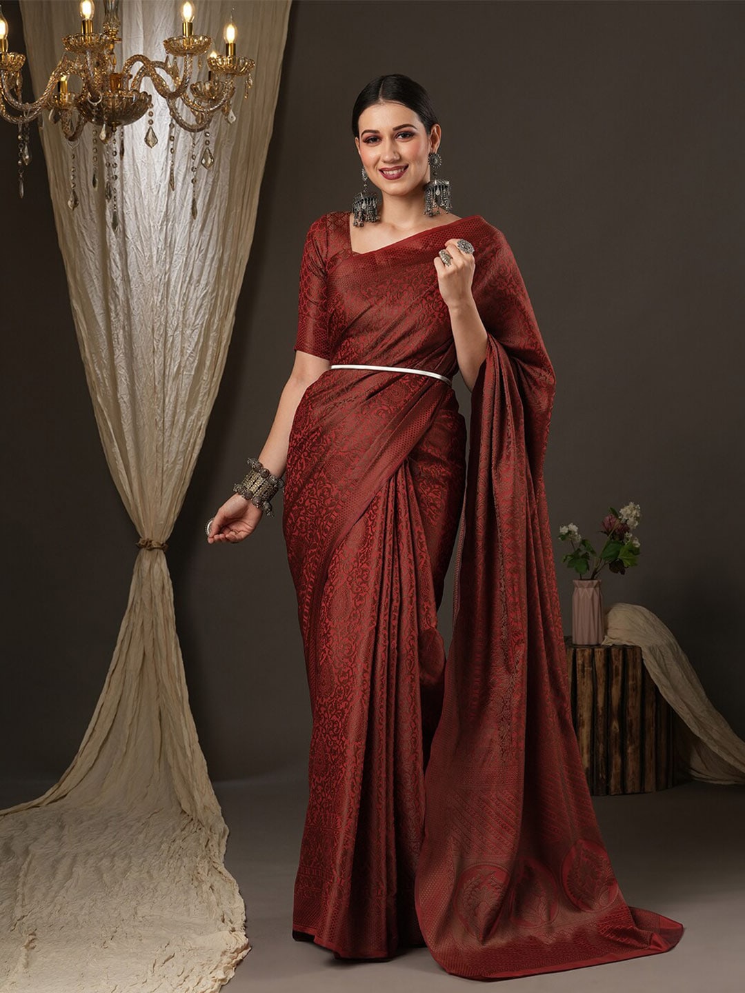 Saree Mall Maroon Woven Design Zari Silk Blend Banarasi Sarees