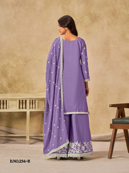 Anaita Lavender Heavy Chinon Palazzo Suit With Embroidery Work
