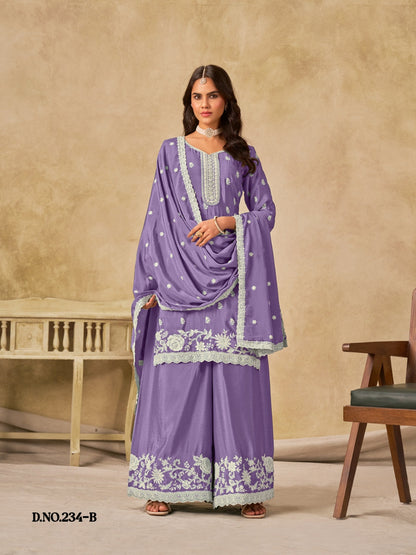 Anaita Lavender Heavy Chinon Palazzo Suit With Embroidery Work