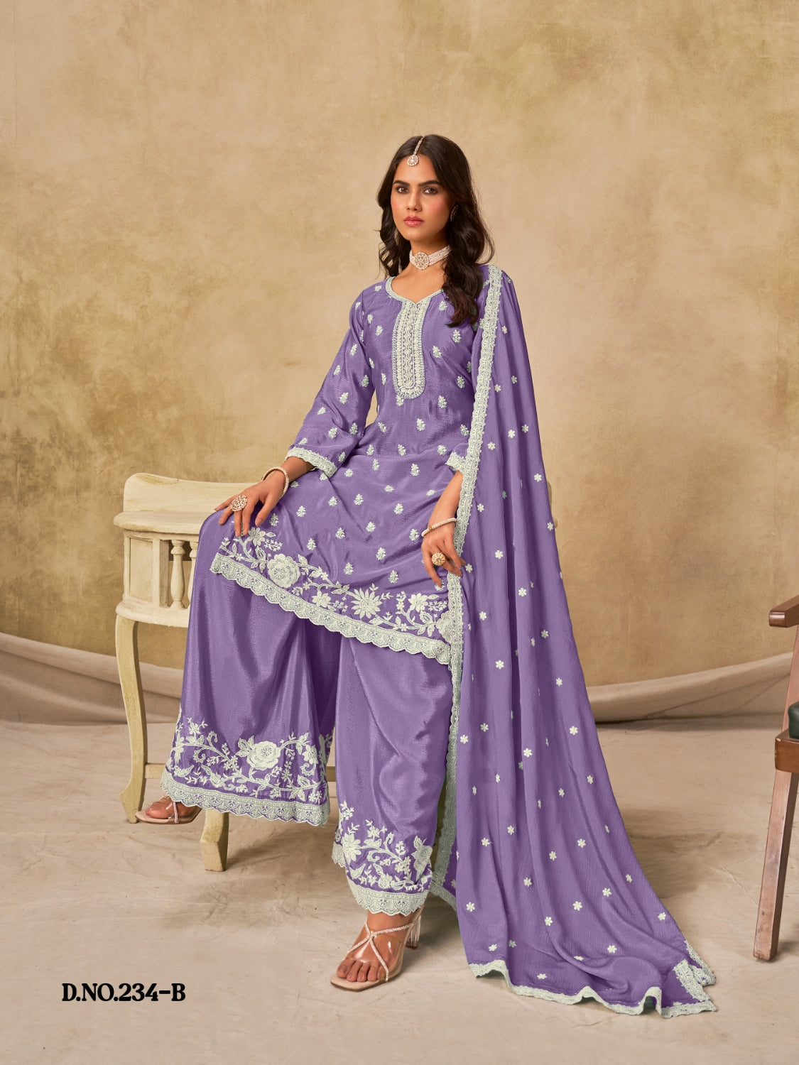 Anaita Lavender Heavy Chinon Palazzo Suit With Embroidery Work