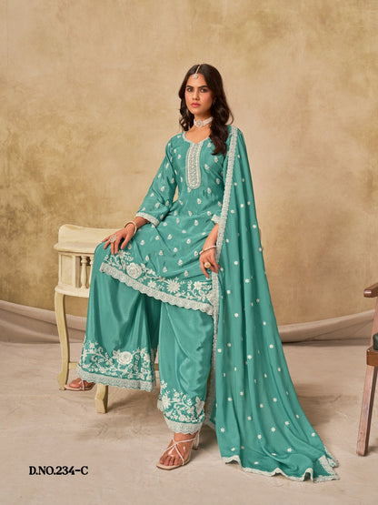Anaita Sky Blue Heavy Chinon Palazzo Suit With Embroidery Work