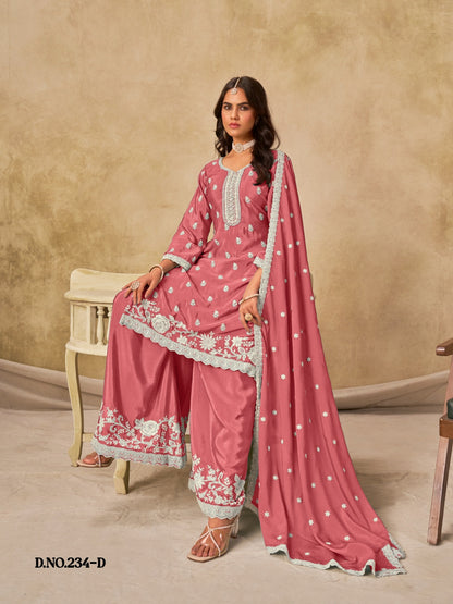 Anaita Peach Heavy Chinon Palazzo Suit With Embroidery Work