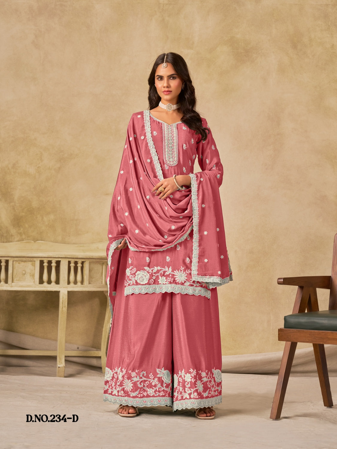 Anaita Peach Heavy Chinon Palazzo Suit With Embroidery Work