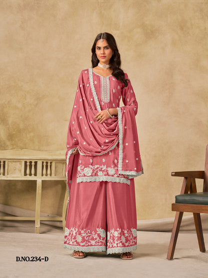 Anaita Peach Heavy Chinon Palazzo Suit With Embroidery Work