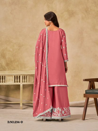 Anaita Peach Heavy Chinon Palazzo Suit With Embroidery Work