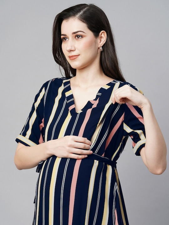 MomToBe Striped V-Neck Maternity Midi A-Line Dress With Belt