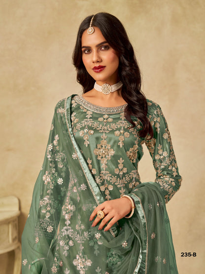 Anaita Green Heavy Net Suit With Embroidery Work