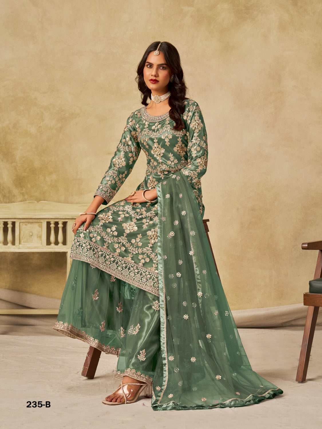 Anaita Green Heavy Net Suit With Embroidery Work