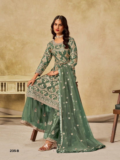 Anaita Green Heavy Net Suit With Embroidery Work