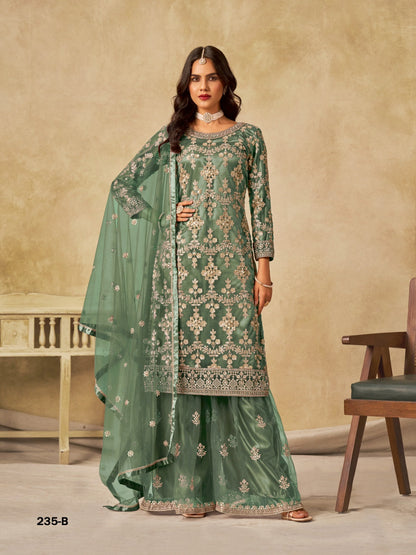 Anaita Green Heavy Net Suit With Embroidery Work