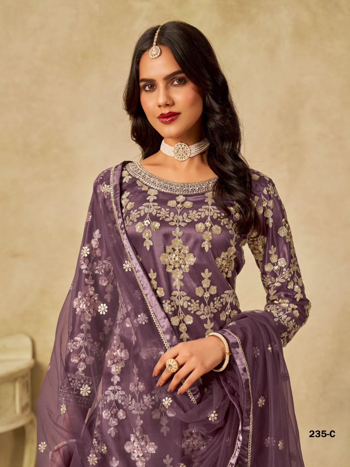 Anaita Purple Heavy Net Suit With Embroidery Work