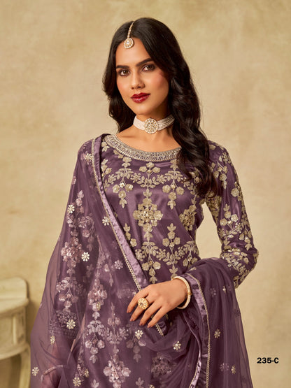 Anaita Purple Heavy Net Suit With Embroidery Work