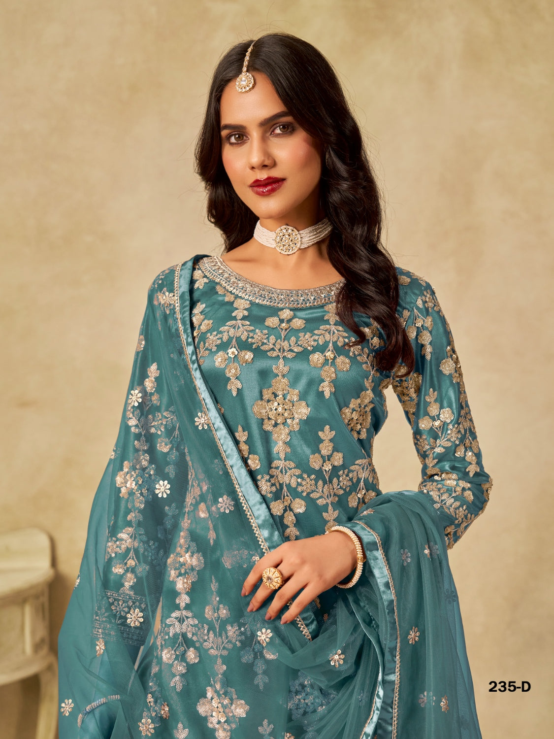Anaita Teal Blue Heavy Net Suit With Embroidery Work