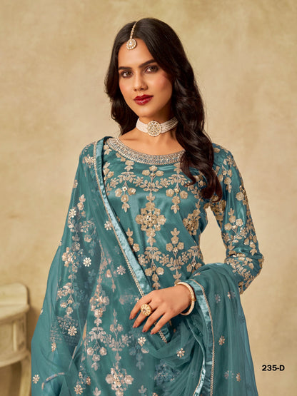 Anaita Teal Blue Heavy Net Suit With Embroidery Work