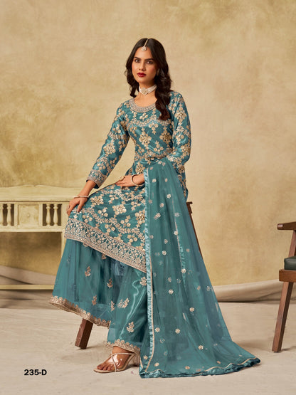 Anaita Teal Blue Heavy Net Suit With Embroidery Work