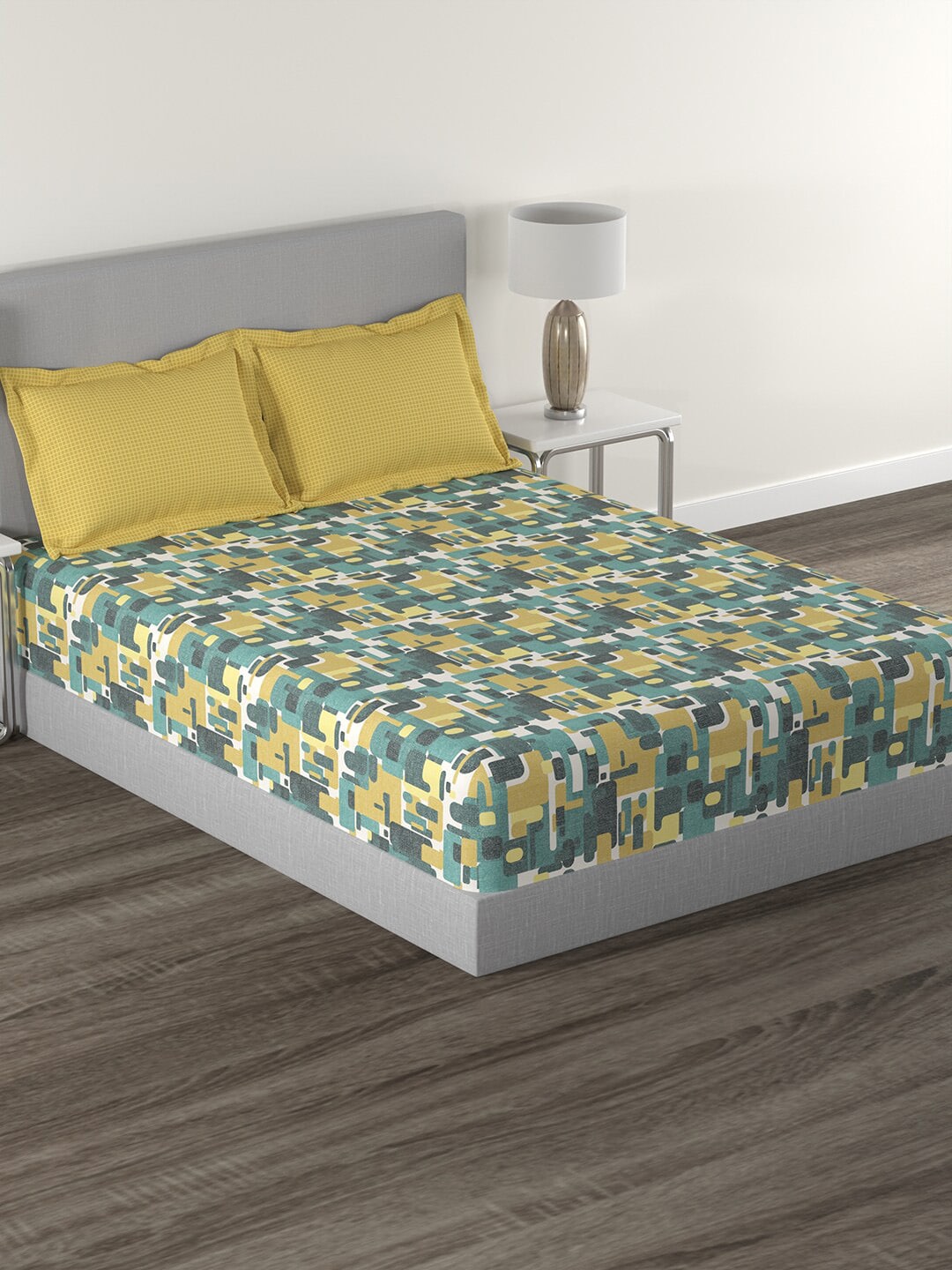 MYTRIDENT Yellow Green Printed Cotton 144 TC Queen Bedsheet With 2 Pillow Covers