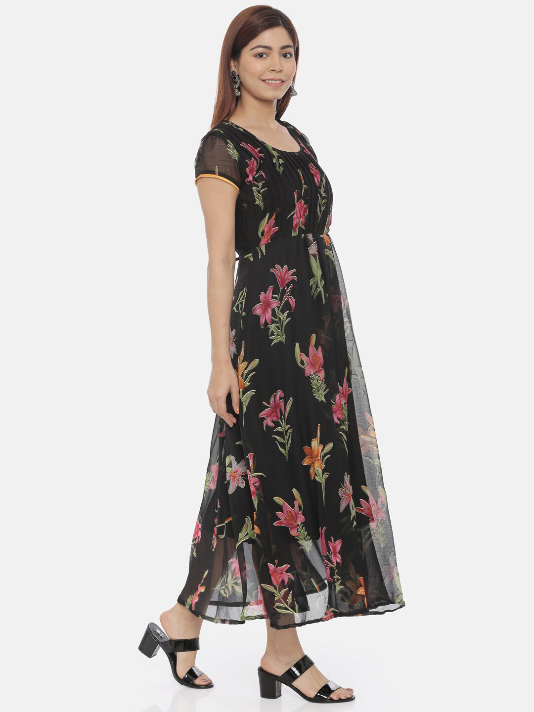 Souchii Round Neck Floral Printed Chiffon Maxi Dress