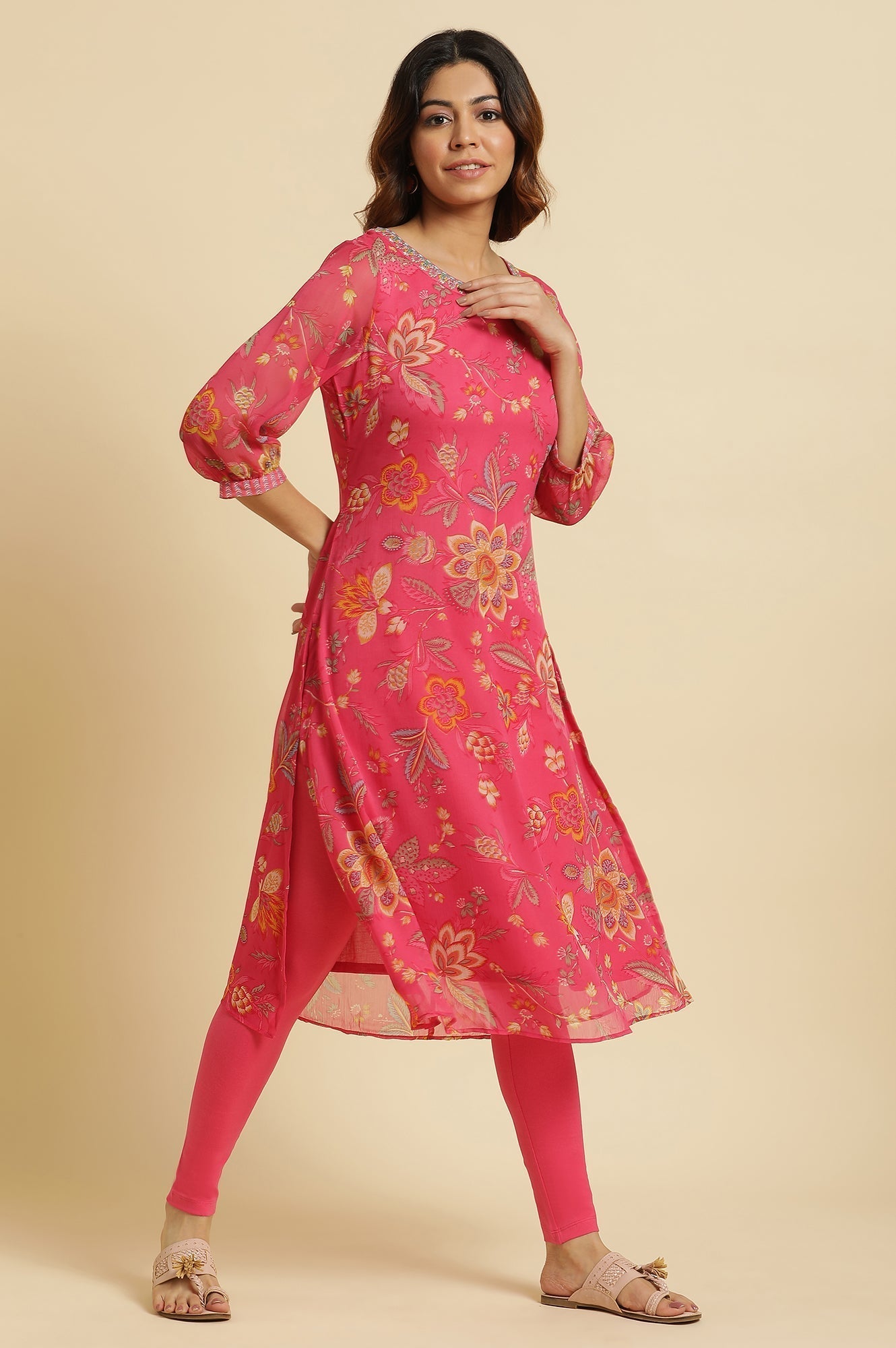 W for Woman Pink Chiffon Printed Kurta with Multi-coloured Floral Embroidery