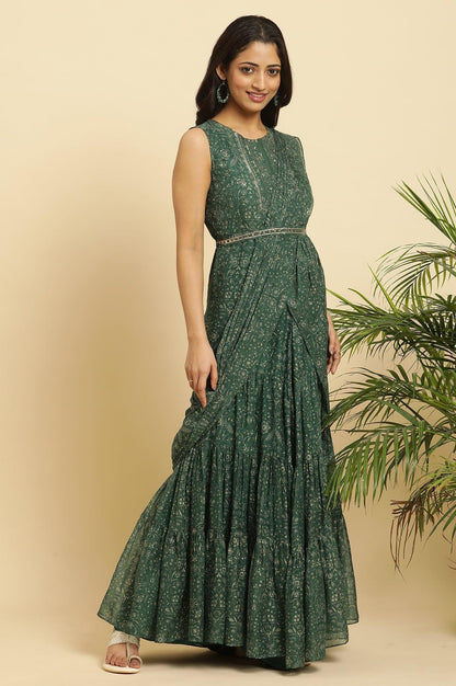 W for Woman Green Foil‑Printed Chiffon Sharara Saree Dress with Belt