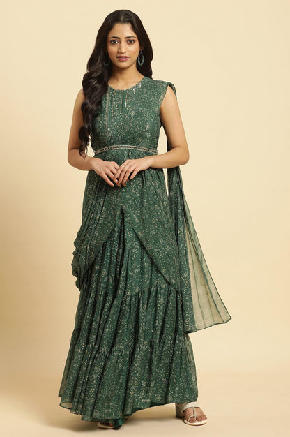 W for Woman Green Foil‑Printed Chiffon Sharara Saree Dress with Belt