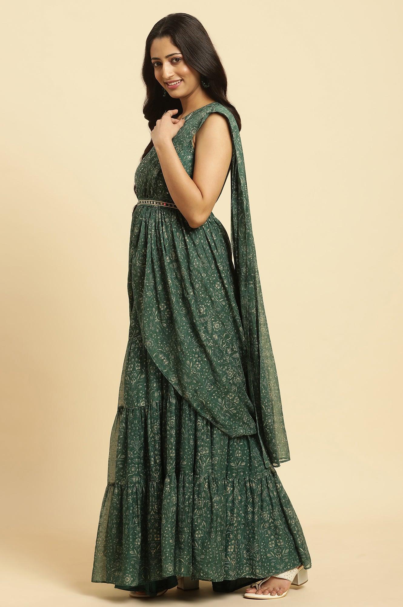 W for Woman Green Foil‑Printed Chiffon Sharara Saree Dress with Belt