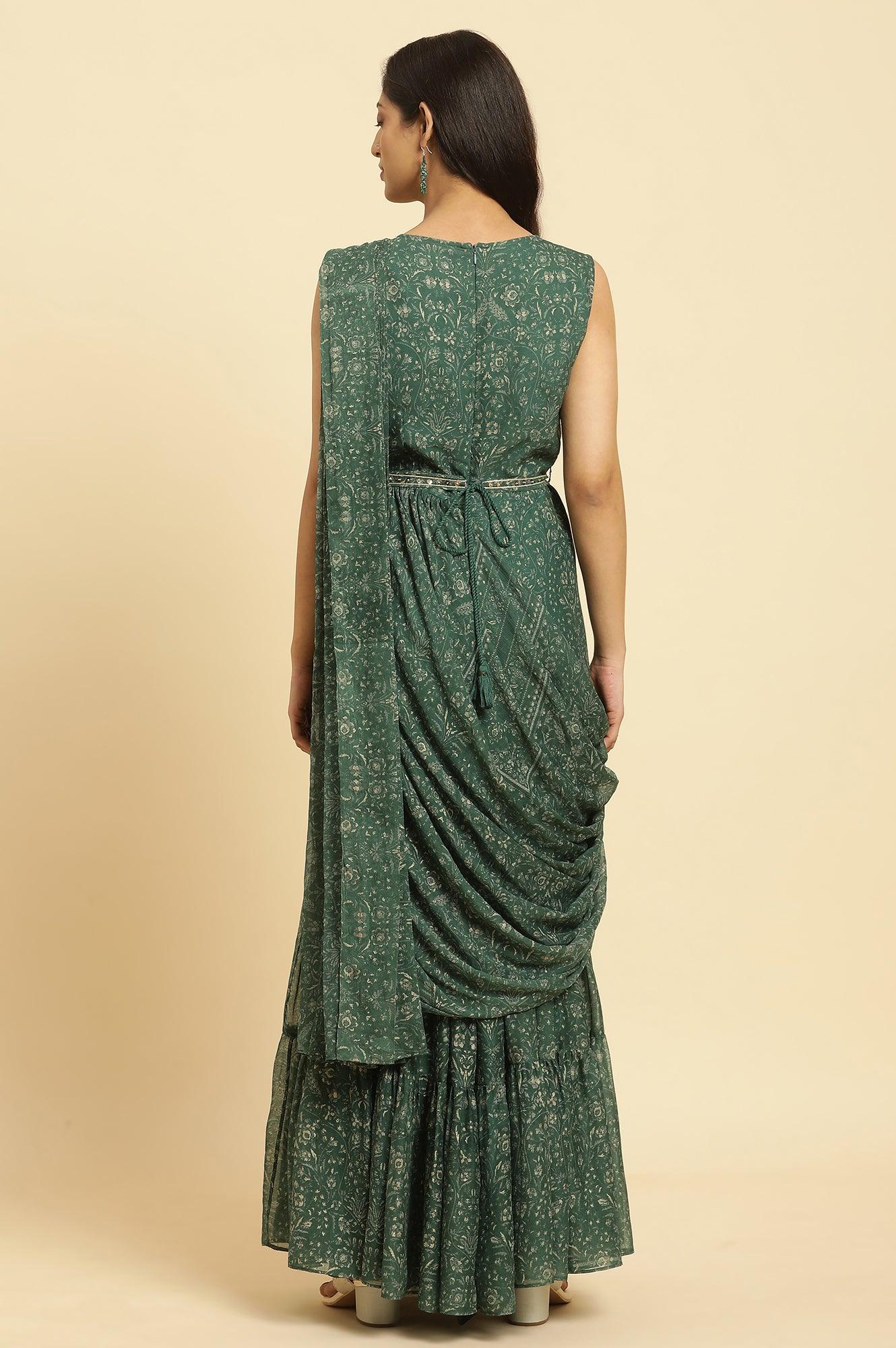 W for Woman Green Foil‑Printed Chiffon Sharara Saree Dress with Belt