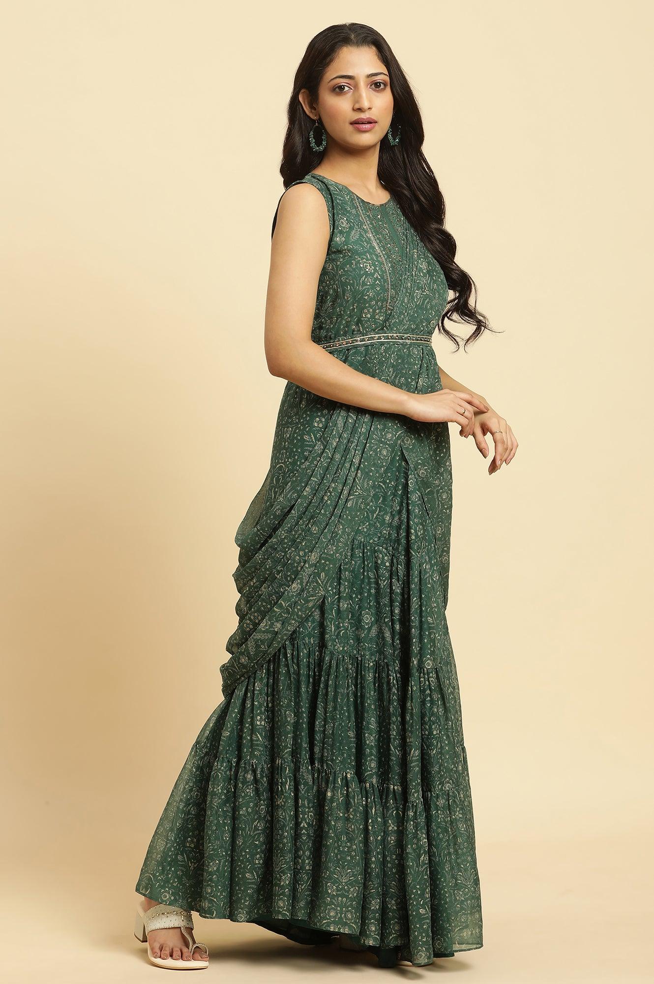 W for Woman Green Foil‑Printed Chiffon Sharara Saree Dress with Belt