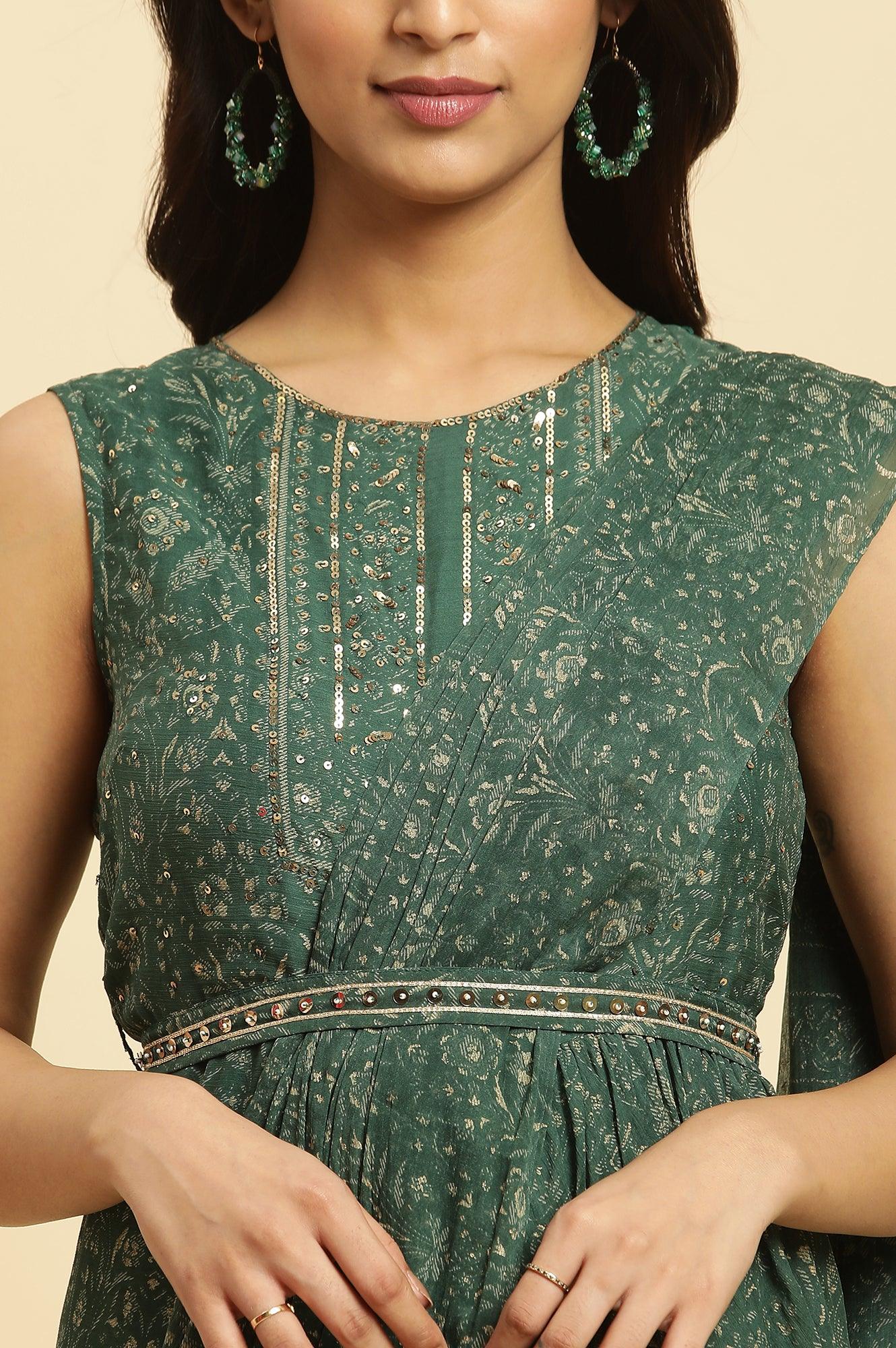 W for Woman Green Foil‑Printed Chiffon Sharara Saree Dress with Belt