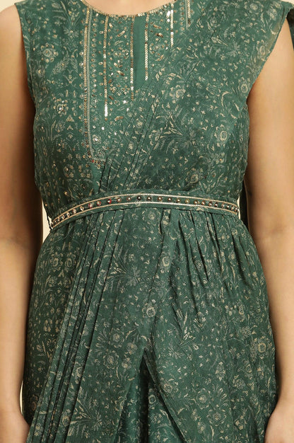 W for Woman Green Foil‑Printed Chiffon Sharara Saree Dress with Belt