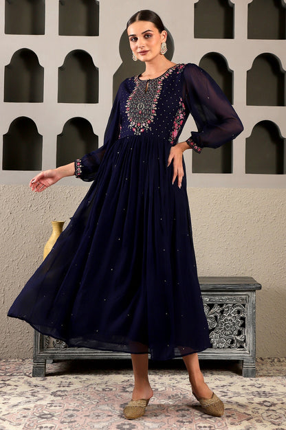 W for Woman Navy Blue Chiffon Gathered Dress with Embroidered Yoke