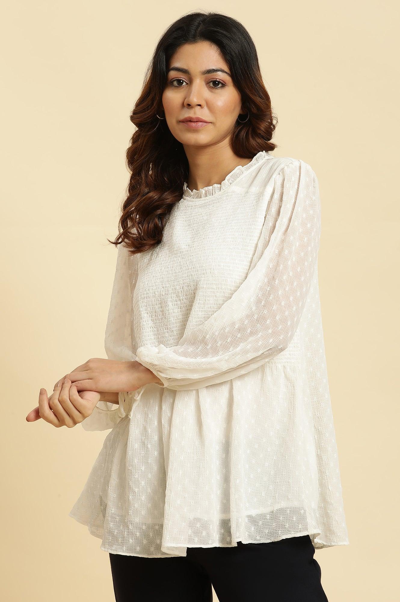 W for Woman White Socking Chiffon Swiss Dot Western Top