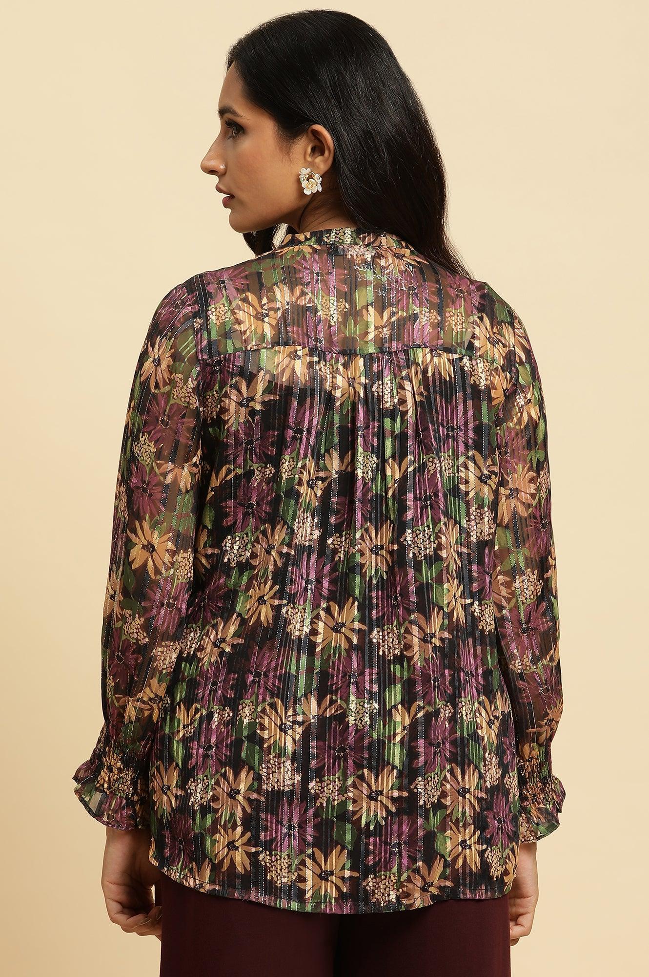 W for Woman Purple Floral Printed Chiffon Lurex Top