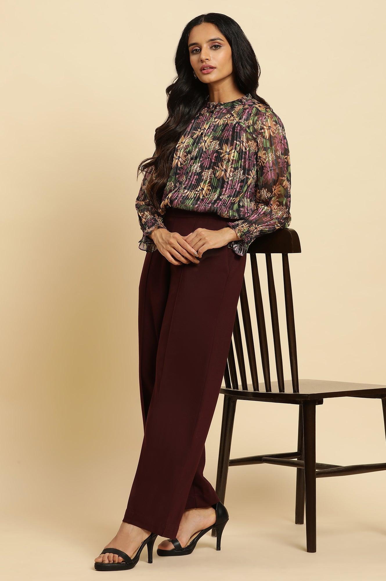 W for Woman Purple Floral Printed Chiffon Lurex Top