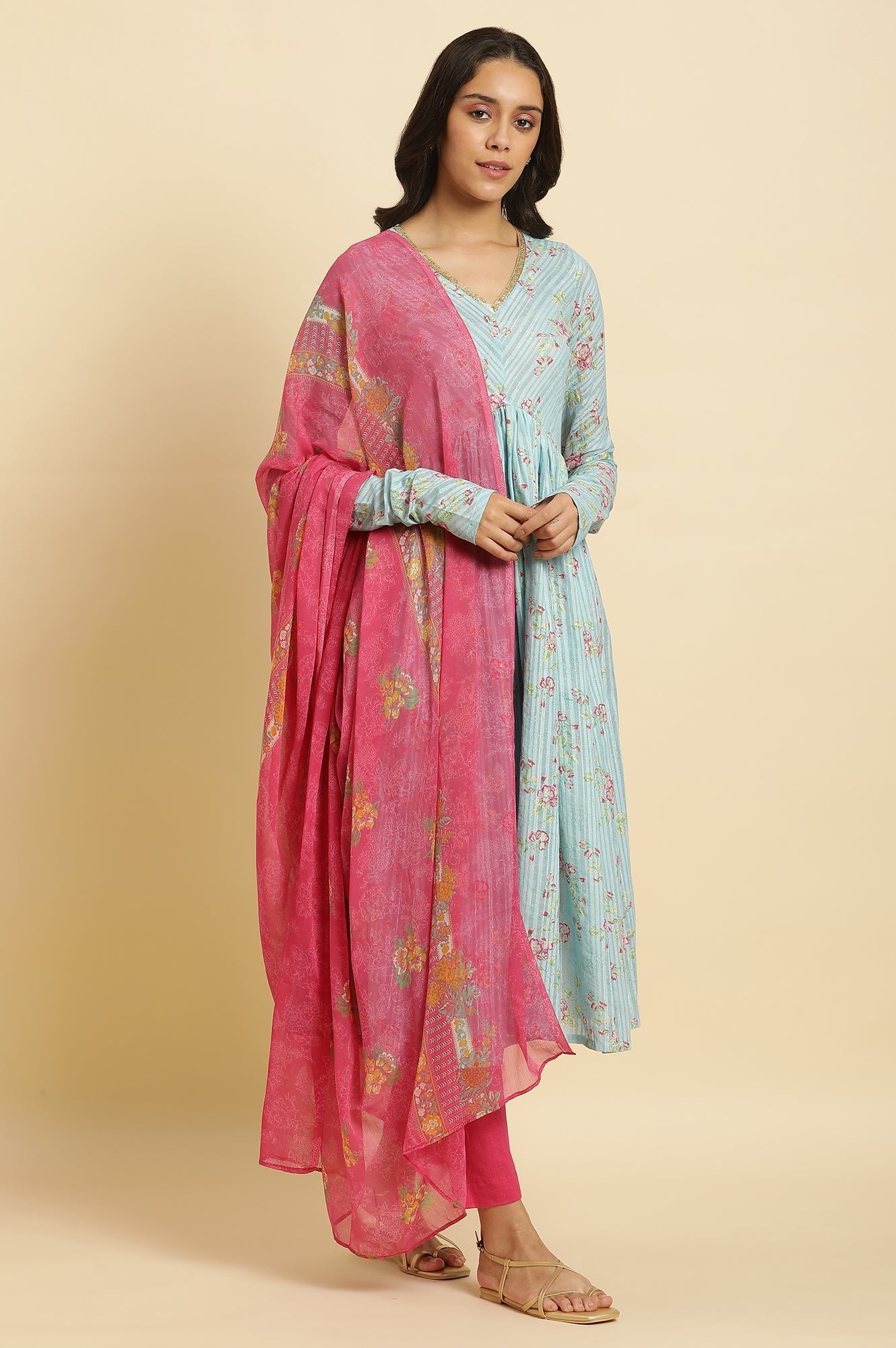 W for Woman Pink Floral Printed Chiffon Dupatta