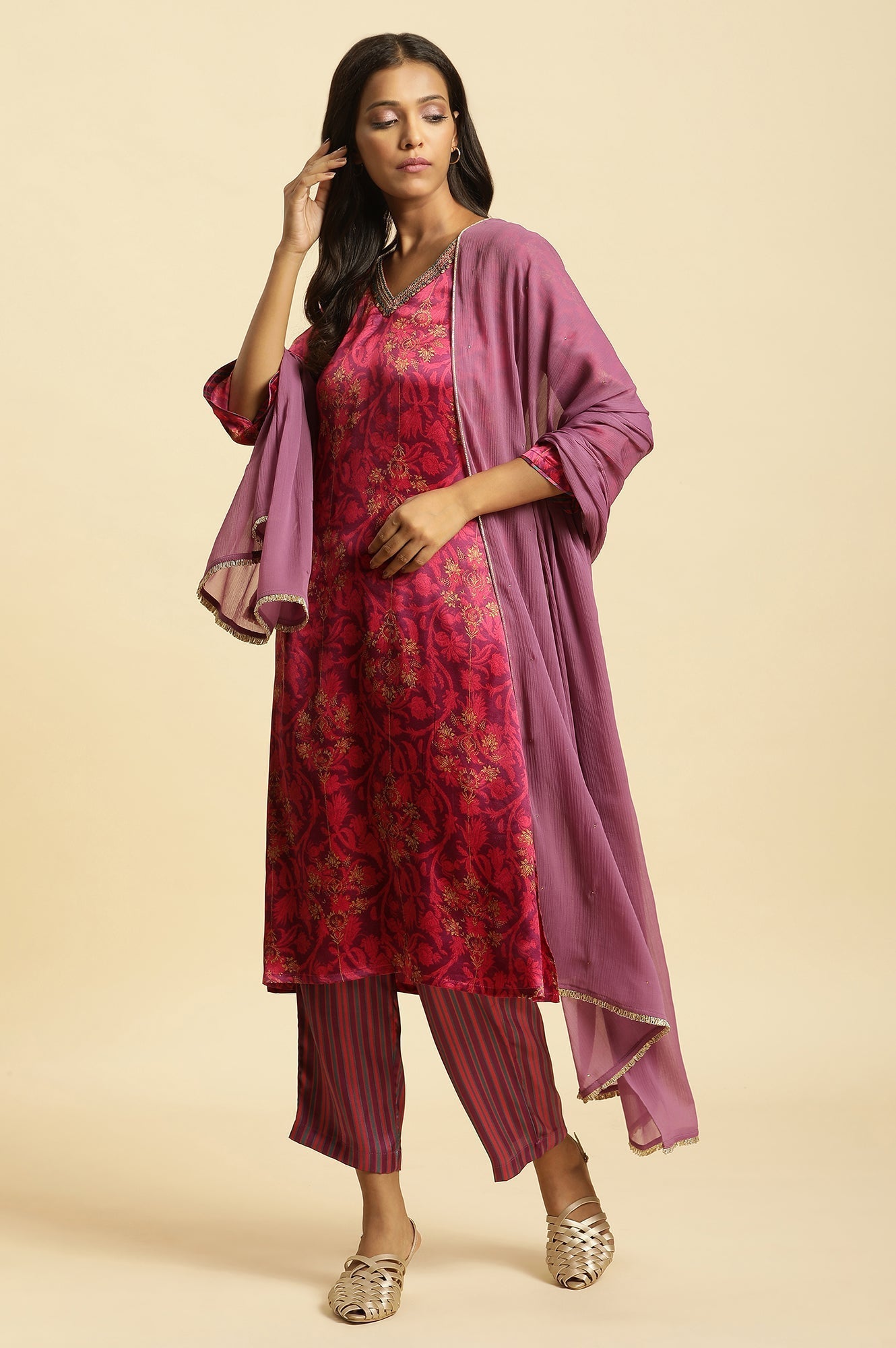 W for Woman Purple Chiffon Dupatta with Gota Border