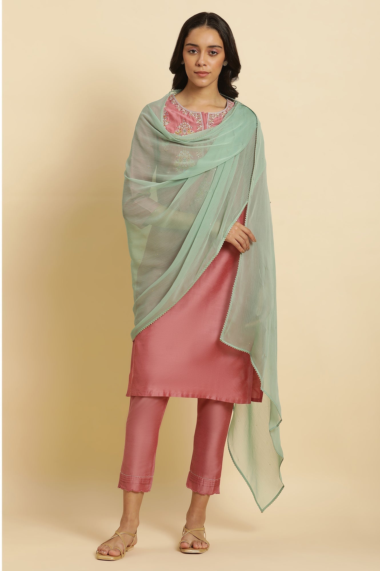 W for Woman Aqua Green Gold Mukaish Chiffon Dupatta