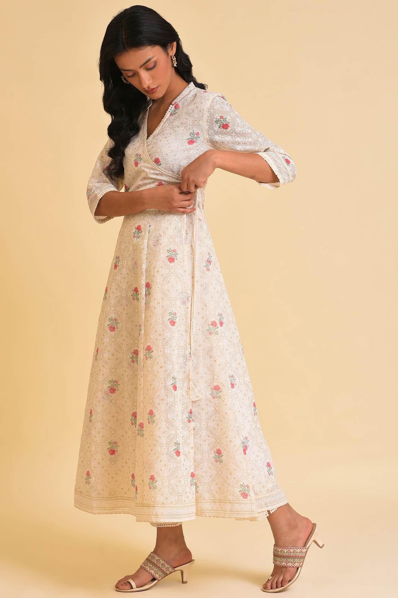 W for Woman Ecru Glitter Printed Angrakha kurta & Pants Set