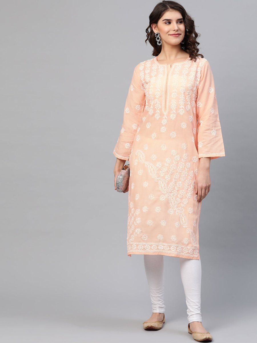 ADA Women Peach-Coloured & White Chikankari Embroidered Cotton Straight Sustainable Kurta