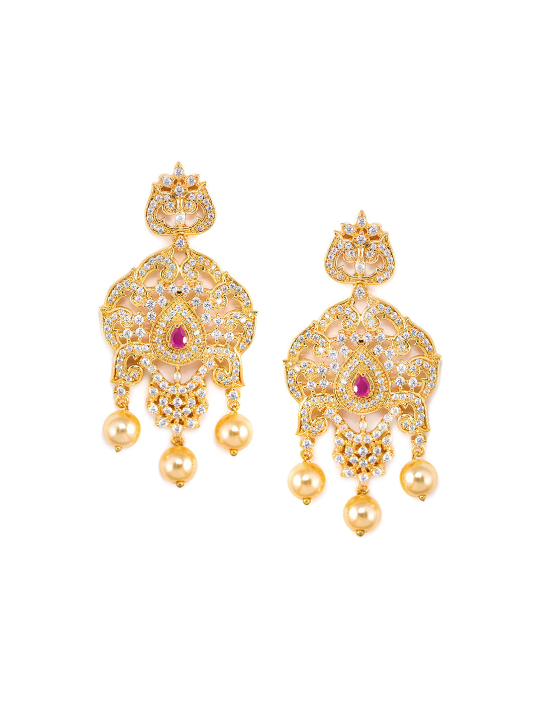 Saraf RS Jewellery Gold-Polished White & Magenta American Diamond Studded Jewellery Set