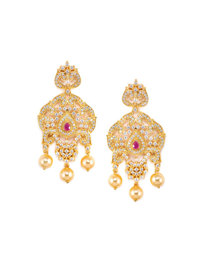 Saraf RS Jewellery Gold-Polished White & Magenta American Diamond Studded Jewellery Set