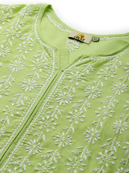 ADA Women Green & White Ethnic Motifs Chikankari Hand Embroidered Sustainable Kurta