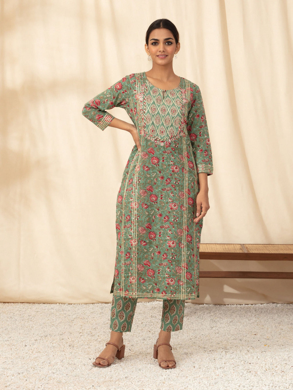 Likha Green Jaipuri Printed Kurta Pant Dupatta LIKSKD66 (Set of 3) - M