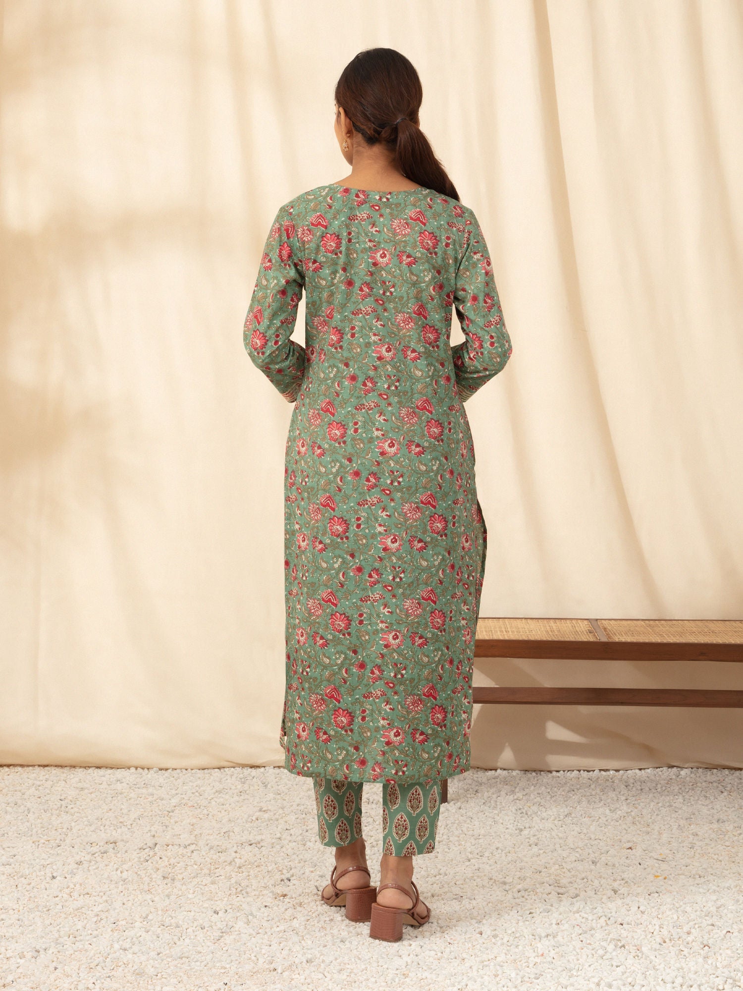 Likha Green Jaipuri Printed Kurta Pant Dupatta LIKSKD66 (Set of 3) - M