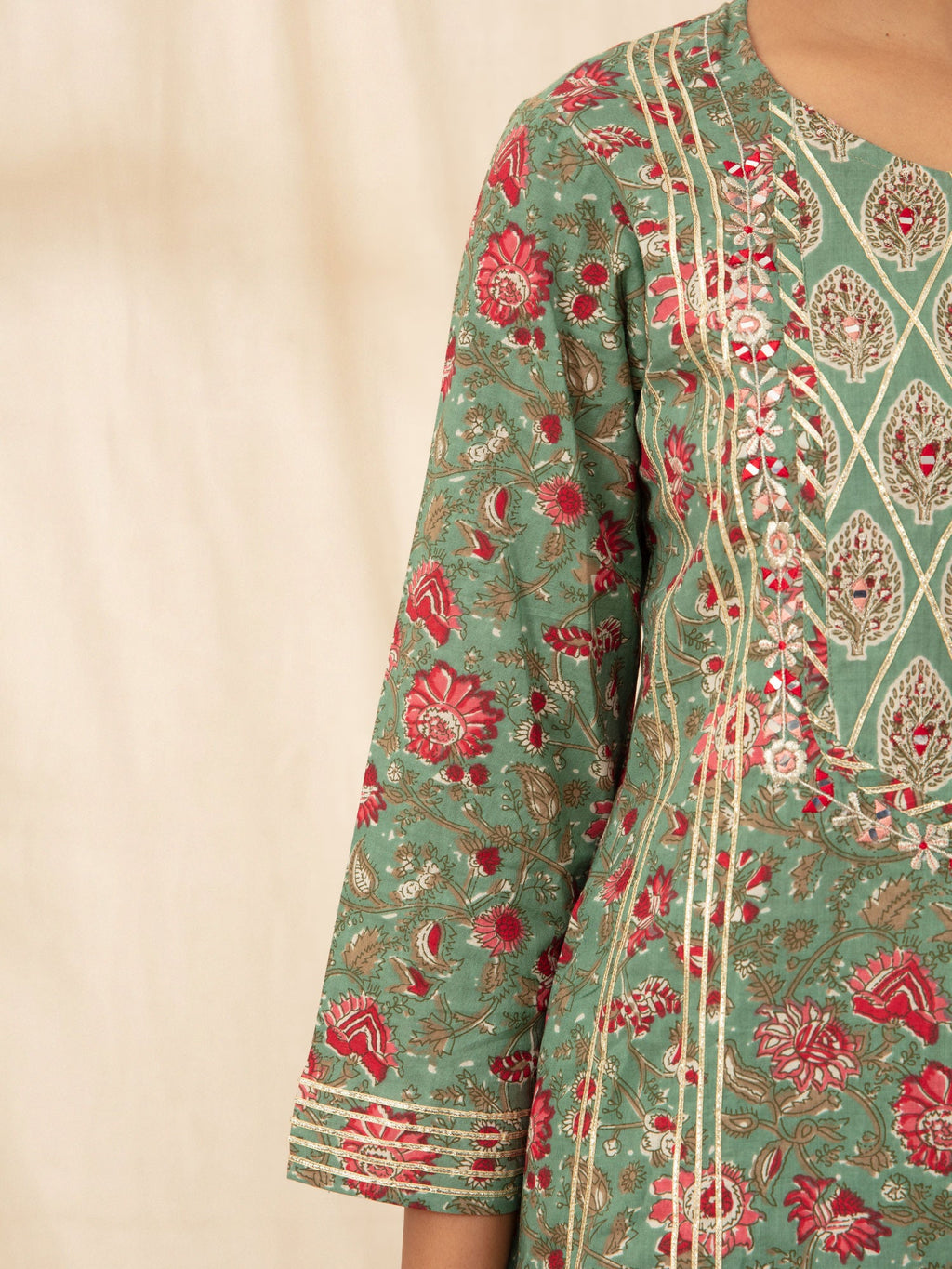 Likha Green Jaipuri Printed Kurta Pant Dupatta LIKSKD66 (Set of 3) - M