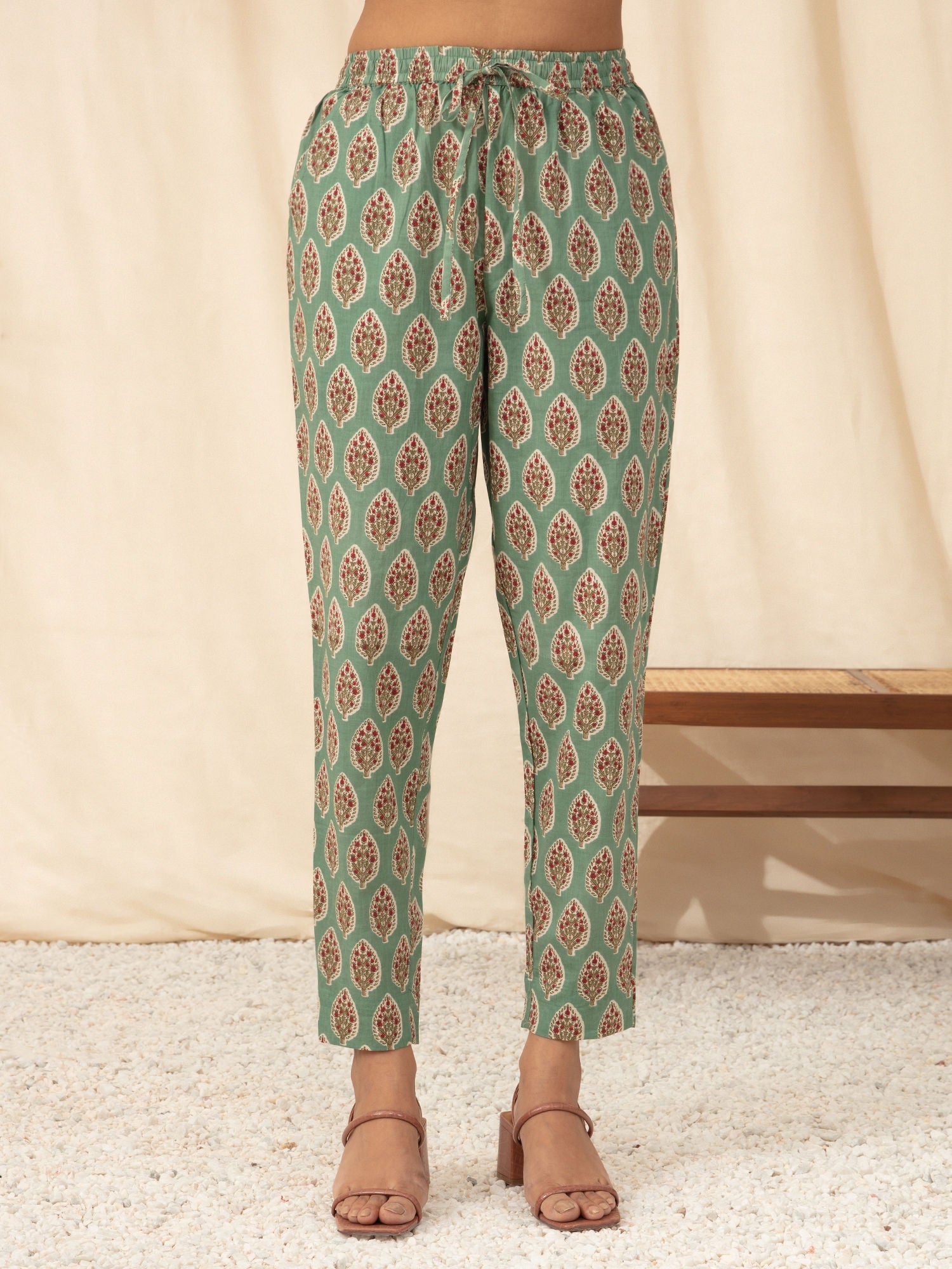 Likha Green Jaipuri Printed Kurta Pant Dupatta LIKSKD66 (Set of 3) - M